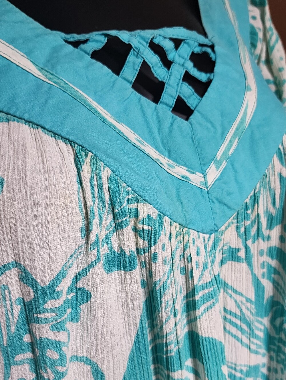 NATIONAL 80s Tropical Caftan Dress Turquoise Resort Boho Midi M/L - Picture 11 of 12